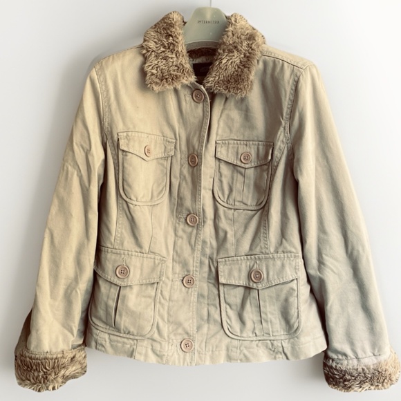 Jacob Connexion Vintage Jacket Beige Denim fur Lining Pockets Collared Size L - Picture 1 of 17